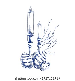 Happy Oster Tintengrafik im Line Art Stil mit Kerzen, gestreiften Eiern und Frühlingszweigen Illustration. Handgezeichnete religiöse Clipart, eingraviert monochrome Doodle für festliche Osterpackung, Poster.