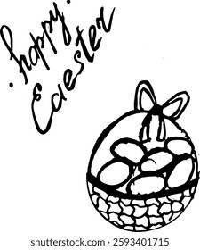 Inscripción de Pascua feliz con rizos y cesta de mimbre de Pascua con dulces