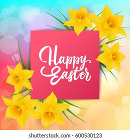 Happy Easter Inscription and Daffodils