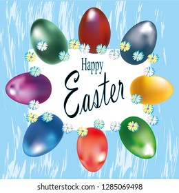 Happy Easter. The inscription is decorated with eggs with a realistic gold luster. Postcard. Vector.