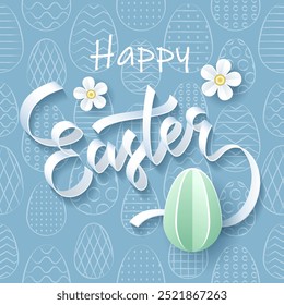 Happy Easter. Inscription in the form of a ribbon with egg and flowers on the background of Easter seamless pattern. Vector Illustration.