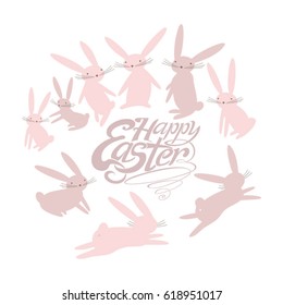 Happy Easter inscription and funny bunnies frolicking round.
