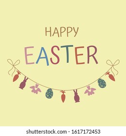 Happy easter. inscription on retro background. painted egg, rabbit, angel, carrot hang on rope. Easter decoration
