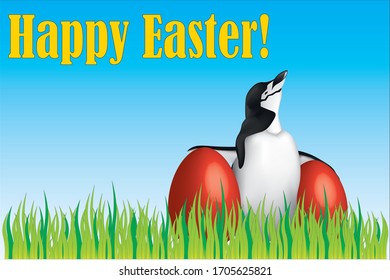 Happy Easter inscription, penguin and Easter Red 3D Meadow Egg on fresh green grass. Blue sky background.  concept, eggs. Religion