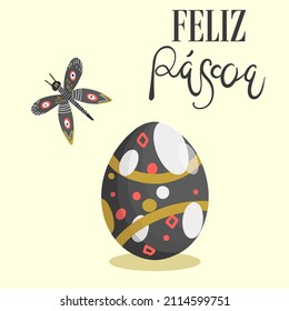 Happy Easter inscription in portuguese Feliz Pascoa with a vector illustration of a decorative egg with a butterfly, for invitations, birthdays, for cards, banners.