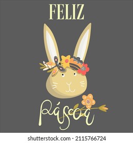 Happy Easter inscription in portuguese Feliz Pascoa with a vector illustration of a rabbit, a hare in a blooming wreath with meadow flowers and a butterfly, for invitations, birthdays, cards, banners.