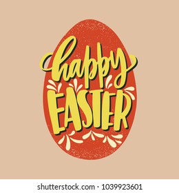 Happy Easter inscription or seasonal holiday wish written with decorative calligraphic script on red egg isolated on light background. Hand drawn vector illustration for greeting card, postcard.