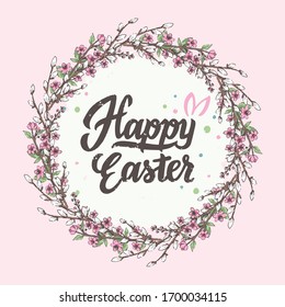 Happy Easter inscription with Spring cherry and willow branches. Lettering inscription on the circle background with blossom branches.