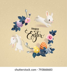 Happy Easter inscription surrounded by decorated eggs, cute white bunnies and beautiful half colored rose flowers. Holiday wish and seasonal decorations. Vector illustration for greeting card, banner.