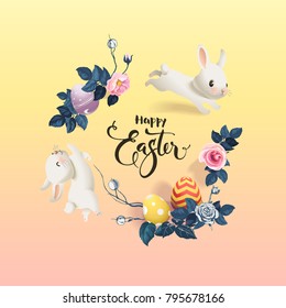 Happy Easter inscription surrounded by decorated eggs, cute white bunnies and beautiful half colored rose flowers. Holiday wish and seasonal decorations. Vector illustration for greeting card, banner