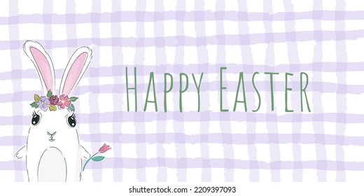 Happy Easter inscription vector banner with cute bunny, spring flower