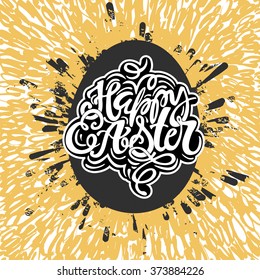 Happy Easter inspirational quote handwritten with black ink and brush, custom lettering for posters, t-shirts and cards. Vector calligraphy on pink watercolor strokes background.