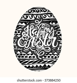 Happy Easter inspirational quote handwritten with black ink and brush, custom lettering for posters, t-shirts and cards. Vector calligraphy on pink watercolor strokes background.