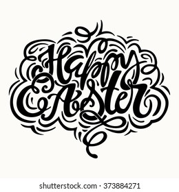 Happy Easter inspirational quote handwritten with black ink and brush, custom lettering for posters, t-shirts and cards. Vector calligraphy on pink watercolor strokes background.