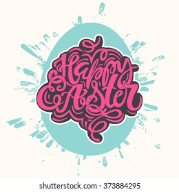 Happy Easter inspirational quote handwritten with black ink and brush, custom lettering for posters, t-shirts and cards. Vector calligraphy on pink watercolor strokes background.