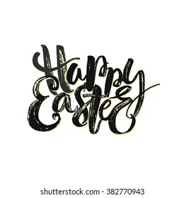 Happy Easter inspirational quote handwritten with black ink and brush, custom lettering for posters, t-shirts and cards. Vector calligraphy on pink watercolor strokes background.
