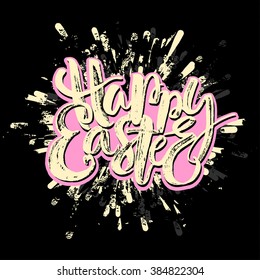 Happy Easter inspirational quote handwritten with black ink and brush, custom lettering for posters, t-shirts and cards. Vector calligraphy on pink watercolor strokes background.