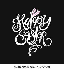 Happy Easter inspirational quote handwritten with black ink and brush, custom lettering for posters, t-shirts and cards. Vector calligraphy on pink watercolor strokes background.