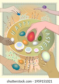 Happy Easter International greeting poster, card, template with Easter Eggs in Hands and in the palm of hand. Easter holiday symbols Willow branches and Easter cakes as national dessert on the Plate. 