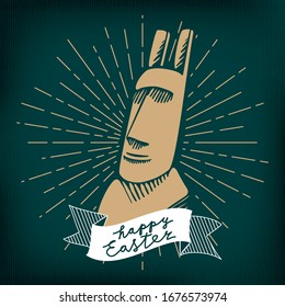 Happy Easter Inverted Comic Concept with Hand Drawn Easter Island Moai Statue having Rabit Ears over Rays Circle and Logo Lettering - Gold on Dark Background - Vector Contrast Graphic Design