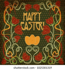 Happy Easter invitation card in art nouveau style, vector illustration