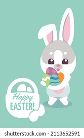 Happy Easter invitation card. Cartoon bunny on egg hunt