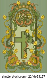 Happy Easter invitation card. Floral frame in art nouveau style, vector illustration