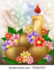 Happy Easter invitation card with flowers and candle, vector illustration