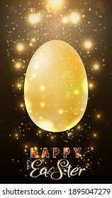 Happy Easter invitation card with golden easter egg, vector illustration