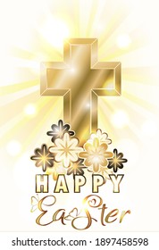 Happy Easter invitation card with golden christian cross and flowers, vector illustration