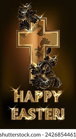 Tarjeta de invitación de Pascua feliz con cruz transparente dorada, ilustración vectorial
