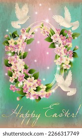 Carta de invitación de Pascua feliz con huevo sagrado, flores de paloma y cerezo, ilustración vectorial