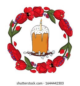 Happy Easter invitation card. Rounded red tulips with lavander garland with Easter cake and pussy willow in the middle. Elements for designing invitation cards for Happy Easter