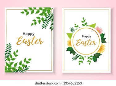 Happy Easter invitation card template with flowers and green leaves