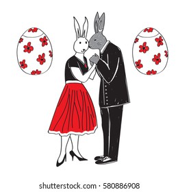 Happy Easter invitation card. various Easter eggs in a row on a white background, Freehand drawing vector illustration