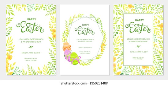 Happy Easter invitation with flowers, green leaves and eggs border. Easter invite modern card template set.