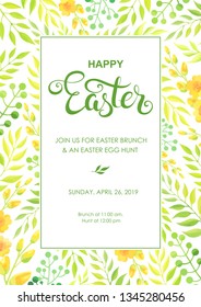 Happy Easter invitation with foliage and flowers. Vector illustration.