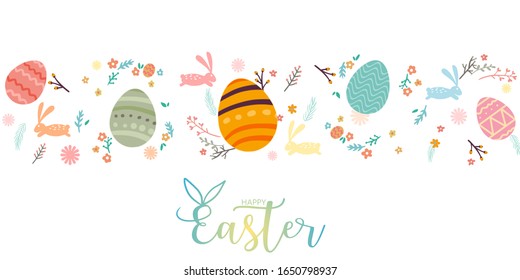 Happy Easter invitation to template with colorful eggs easter, rabbits, small flower and text design on white background for banner, template, card, postcard.