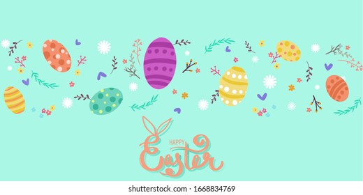 Happy Easter invitation to template with colorful eggs easter, small flower and text design on turquoise green background pastel concept for banner, template, card, postcard.