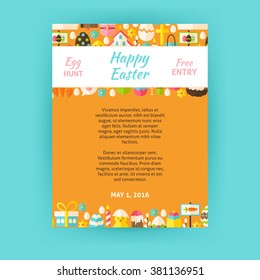 Happy Easter Invitation Template Poster. Flat Design Vector Illustration of Brand Identity for Spring Religious Holiday Promotion. Colorful Pattern for Advertising.