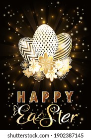 Happy Easter invittion vip card with golden eggs and flowers, vector illustration