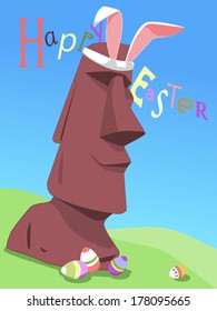 Happy Easter from Easter Island. Funny original Happy Easter card with Rapa Nui moai statue, vector template