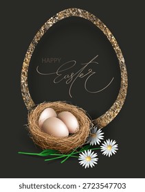 Feliz Pascua. Diseño aislado con un marco ovalado y huevos de Pascua en un nido