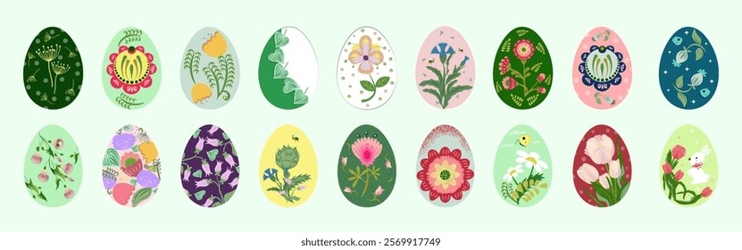 Happy Easter. Isolated Easter eggs, brightly painted in a floral theme. Set of eggs. Flat drawing. Traditional Easter symbols. Vector illustration