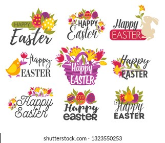 Happy easter isolated greeting icons eggs and bunny or chicken vector lettering grass and tulip flowers basket rabbit or hare bird spring religious holiday emblem or logo Christianity traditions