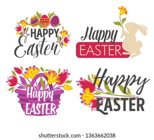 Happy easter isolated greeting icons eggs and bunny or chicken vector lettering grass and tulip flowers basket rabbit or hare bird spring religious holiday emblem or logo CHristianity traditions