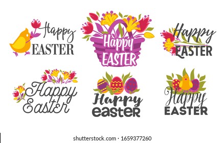 Happy easter isolated greeting icons eggs and bunny or chicken vector lettering grass and tulip flowers basket rabbit or hare bird spring religious holiday emblem or logo CHristianity traditions.