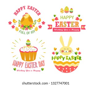 Happy Easter isolated icons religious holiday cake and eggs chicken and bunny spring event religion and Christianity symbolic emblem or logo.
