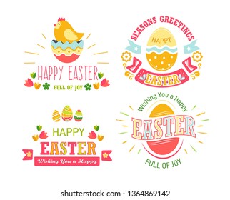 Happy Easter isolated icons religious holiday cake and eggs chicken and bunny spring event religion and Christianity symbolic animal and bird pastry food and basket flowers and hearts emblem or logo