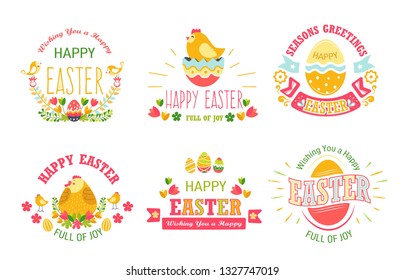 Happy Easter isolated icons set religious holiday cake and eggs chicken and bunny spring event religion and Christianity symbolic animal and bird pastry food and basket flowers and hearts logo.